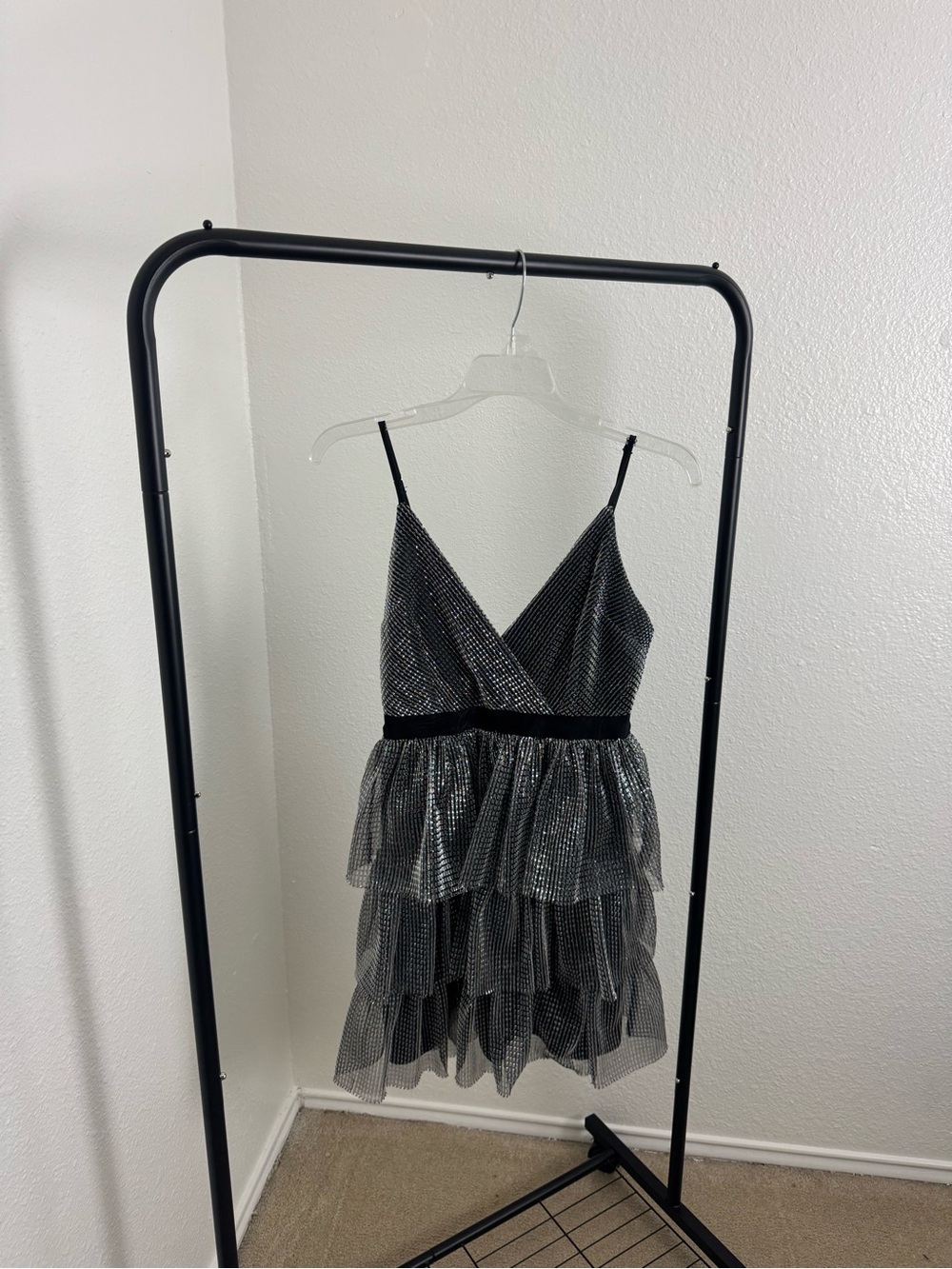 Silver and Black Sparkle Tiered Mini Dress